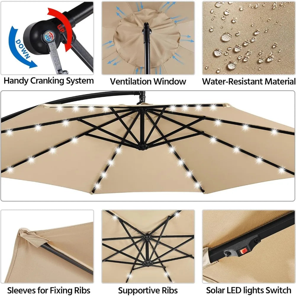 Solar Offset Umbrella with 10FT 32 LED Lights