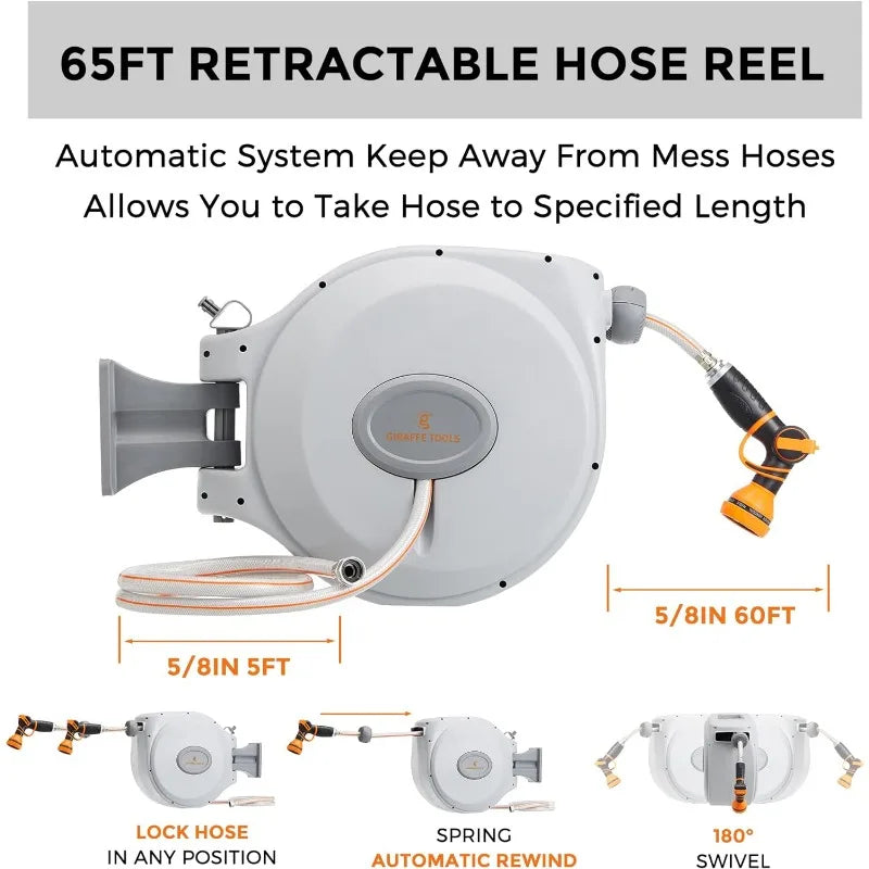 Heavy Duty Water Hose Reel Wall Mount,  Any Length Lock, 65ft