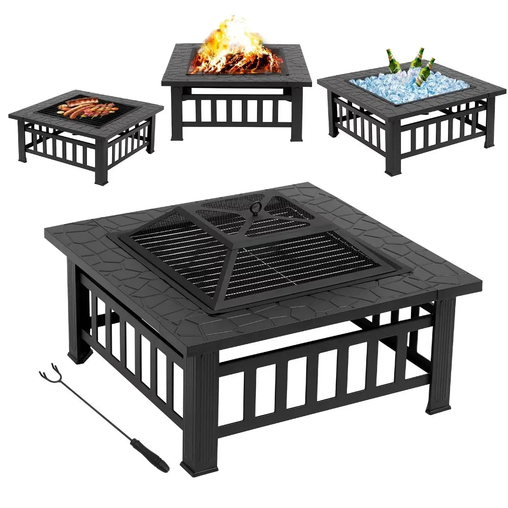 2023 New  32" Outdoor Fire Pit Metal Square Firepit Patio Garden Stove with Cover, Black - mygreatoutdoorescape