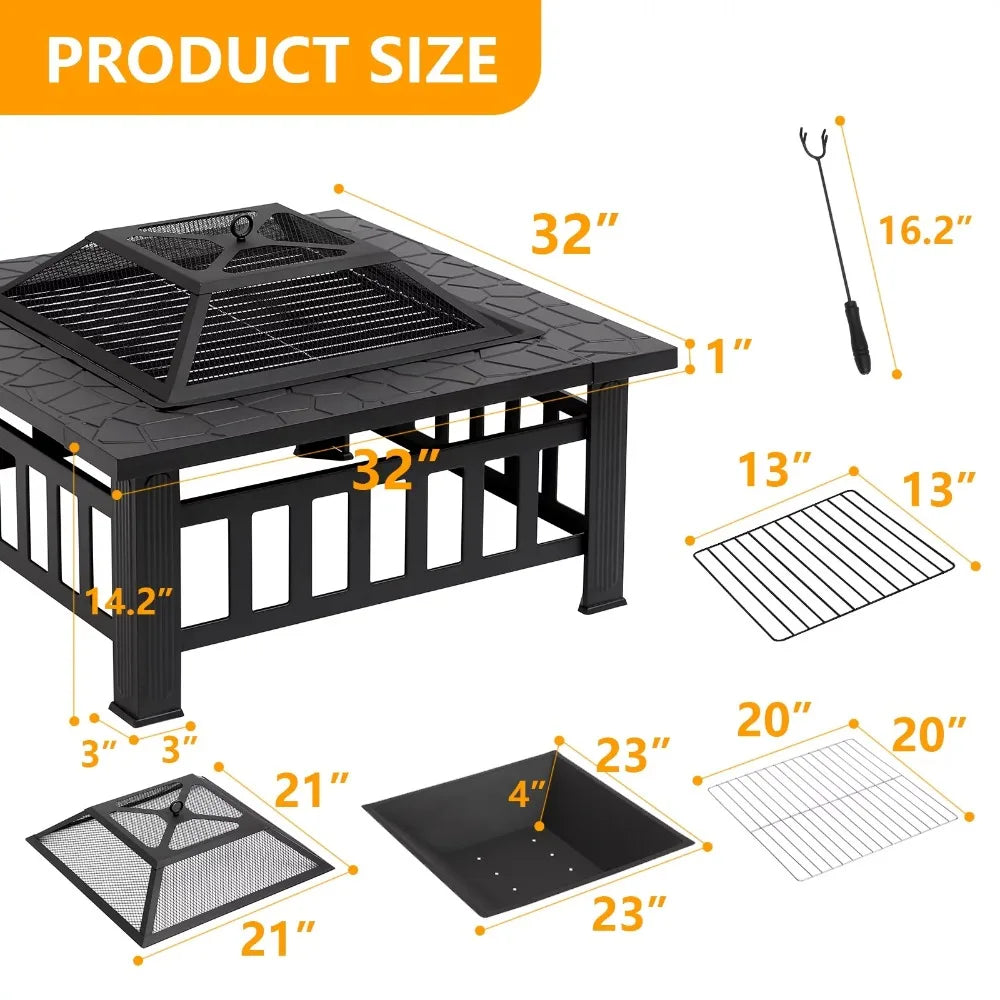 2023 New  32" Outdoor Fire Pit Metal Square Firepit Patio Garden Stove with Cover, Black - mygreatoutdoorescape