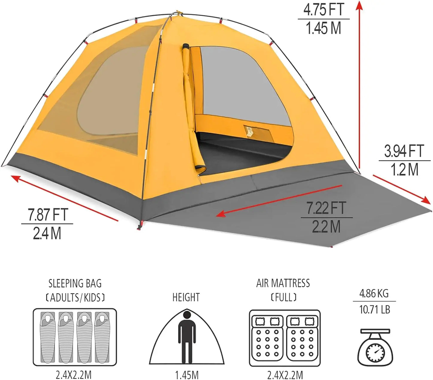 Family Large Tents 2/4 People Easy Setup Tent with Porch Double Layer